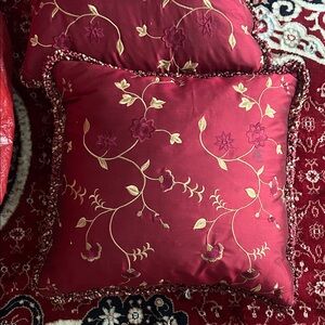 Elegant Red Floral Embroidered Pillow
